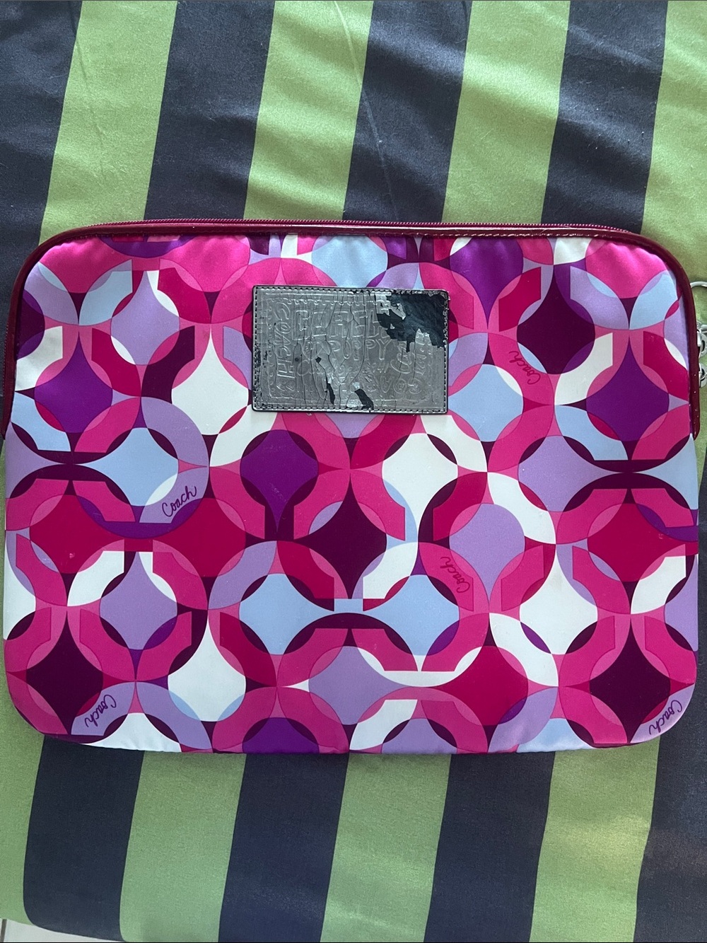 Coach Poppy Pink Geometric Laptop Sleeve with Metal Logo